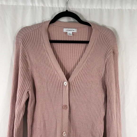 Liz Claiborne Cardigan Women's 2X Pink Ribbed Button Front Vneck Long Sleeve - Picture 2 of 8